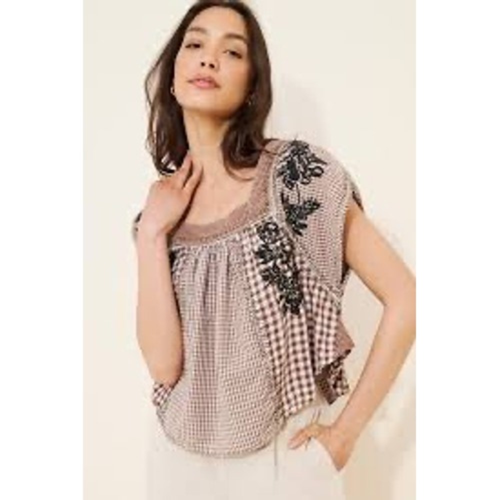 We The Free Brown Gingham Embroidered Boho Top Square Neck XS